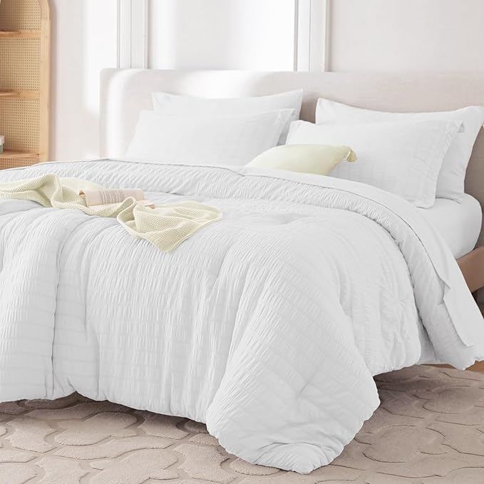 MUXHOMO 7 Pieces King Comforter Set, Seersucker Bed in a Bag King Size, All Season Luxury Bedding Set with Comforter, Flat Sheet, Fitted Sheet, Pillowcases & Shams, White