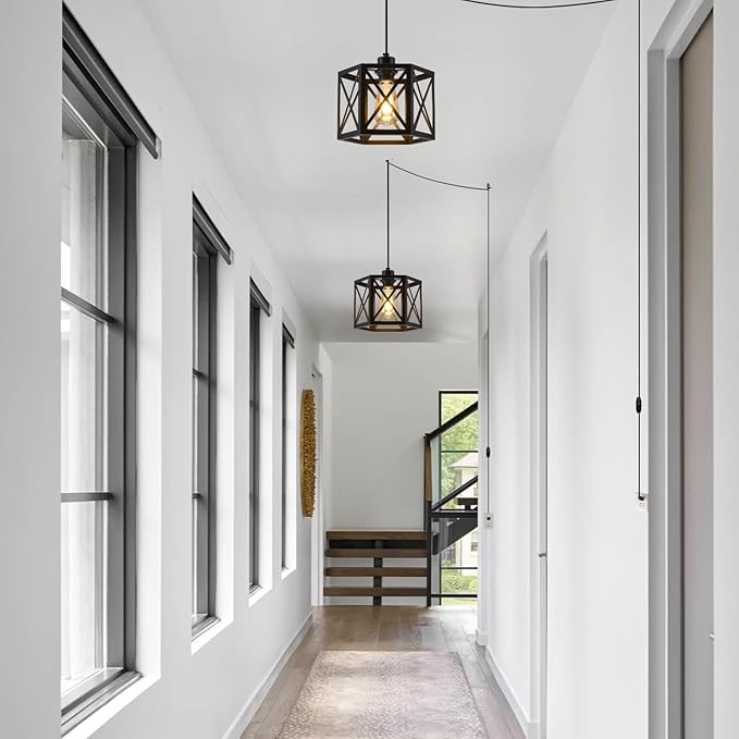 2 Pack Plug in Pendant Light, Farmhouse Black Hanging Lights with Plug in Cord, 16.4FT Hexagonal Metal Plug in Hanging Lamp Kit, Dimmable Ceiling Light Fixture for Kitchen Island Hallway