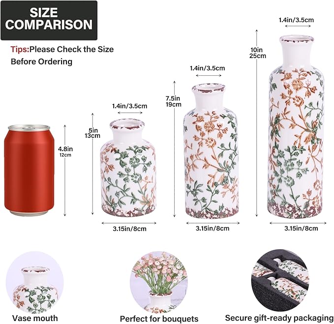 Farmhouse Vase for Home Decor, Ceramic vase Set of 3. Vintage Flower Vase Suitable for Home Decor, Living Room, Shelf Decor, Dining Table Decor (Green and Orange)