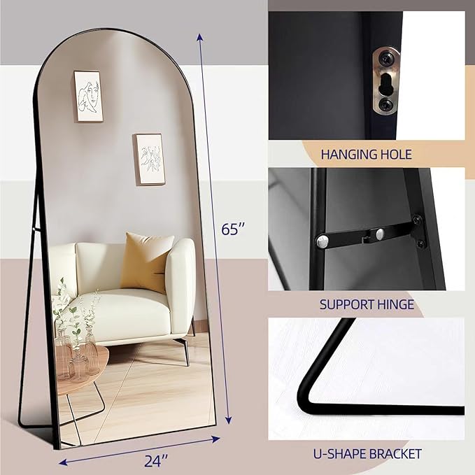 65"x24"Arched Full Length Mirror with Stand,Black Large Mirror,Shatterproof Tempered Glass&Aluminum Alloy Frame,Freestanding Full Body Mirrorr for Bedroom,Living Room,Dressing Room