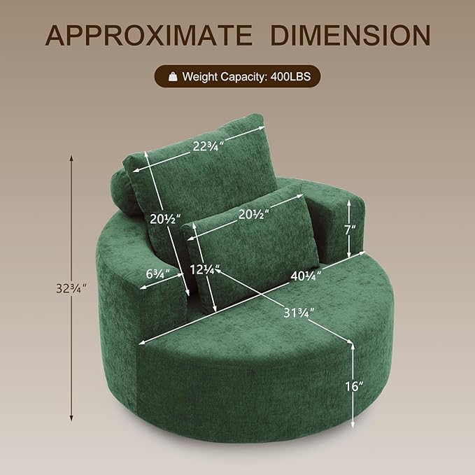 Furnimart 40" Oversized Barrel Accent Chair Set of 2, 360° Swivel Round Upholstered Sofa, Chenille High-Resilience Sponge, No Assembly, Wide Seat for Living Room, Bedroom, Apartment (Green)