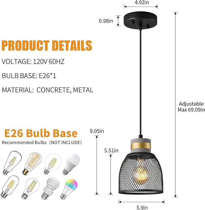 Modern Industrial Pendant Light Fixture with Concrete and Black Metal Linear Shade Black Pendant Light Kitchen Island for Bedroom Dining Room Restaurant(Black 1-Pack)