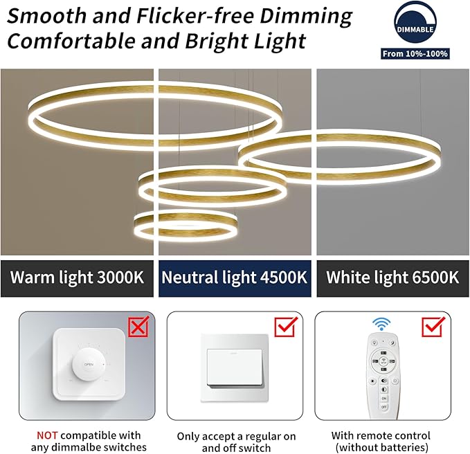 Modern LED Chandelier Light, 4 Ring Gold Pendant Lighting Fixture, Adjustable Hanging Ceiling Lamp for Dining Room, Kitchen Island, Entryway, Living Room, Dimmable Dining Lights Over Table