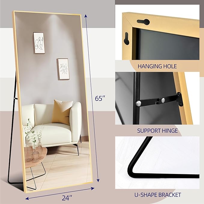65"x24"Full Length Mirror with Stand,Gold Large Mirror,Shatterproof Tempered Glass&Aluminum Alloy Frame,Freestanding Full Body Mirrorr for Bedroom,Living Room,Dressing Room