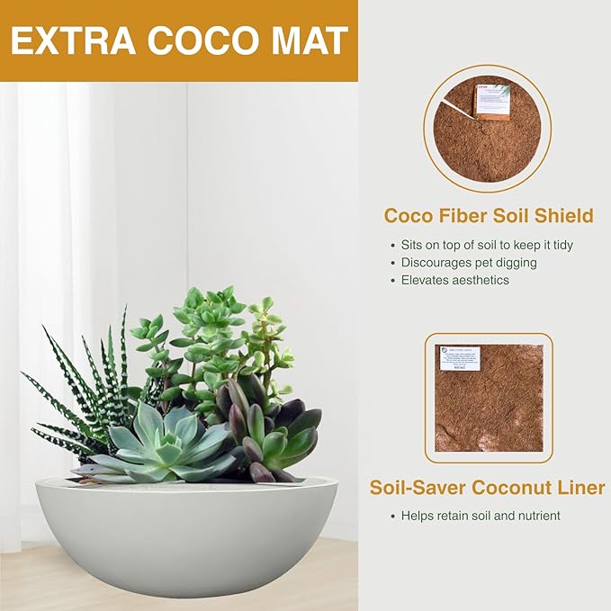 6.9"H x 19.7"D Round Bowl Fiberstone Planter for Succulent and Lotus, Drainage Hole, Weather Resistant for Indoor and Outdoor Use, Included 2 Extra Coco Mats (Light Gray, 17.9" Pot Opening)
