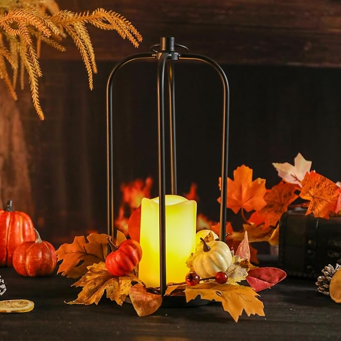 Bdor 2 Pack Fall Lantern Decor with LED Candle – 14 Inch Harvest Pumpkin Maple Leaf Hanging Lantern for Autumn Thanksgiving Table Centerpiece Indoor Outdoor Decoration, Battery Operated