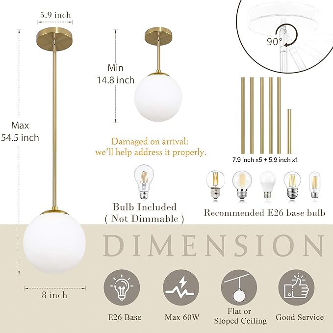 8" Globe Pendant Light Gold Mid Century Modern Light Fixture Globe Pendant Lights Kitchen Island Milk Glass Pendant Light Brushed Brass Finished with Milk Glass Lampshade for Dining Room