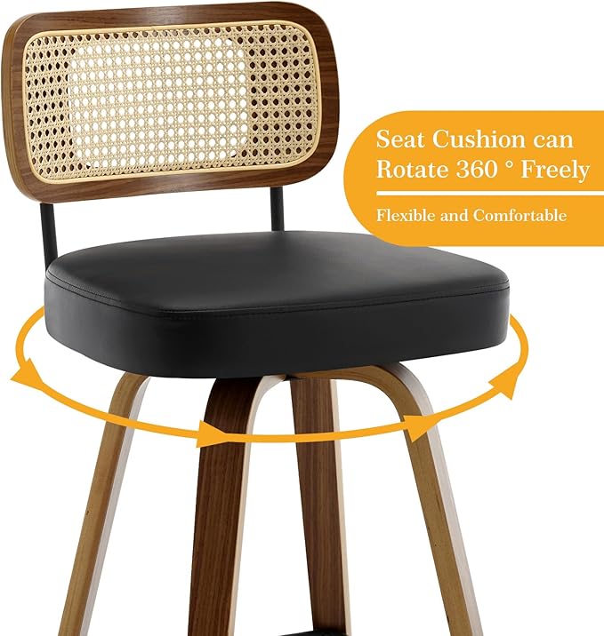 Swivel Bar Stools Set of 4, Upholstered Faux Leather Barstools with Rattan Back, 29" Seat Height Bar Chairs for Kitchen Island, Bentwood Wood Frame, Black
