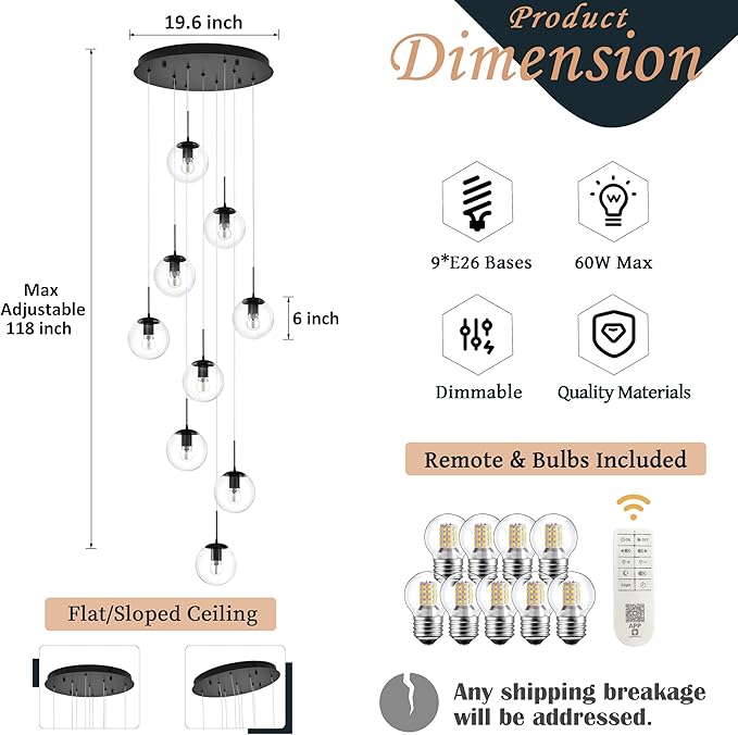 KoKo&Yukina 9-Light Globe Glass Pendant Light Adjustable Length Pendant Lights Fixtures Modern Black Clear Globe Glass Chandelier High Ceiling Lights Fixtures for Foyer Staircase (Bulb & Remote Incl)
