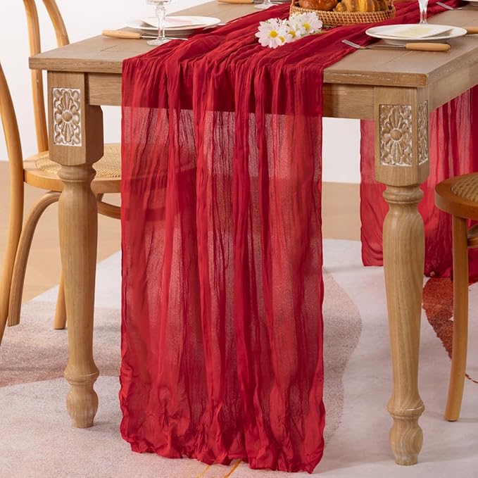 MLMC Red Table Runner 10ft Boho Rustic Gauze Fall Cheesecloth Table Runner Cheese Cloth Decor 35x120 Inches for Halloween Wedding Reception Home Winter Christmas Decor