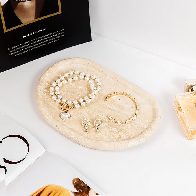 Natural Travertine Tray, Special-Shaped Jewelry Tray, Marble Ring Dish for BathroomCountertop, Nightstand,Dressing Table, Bedside Table, Home Decor, Beige(Middle)(NS025)