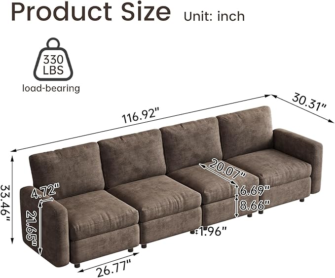 4-Seat Modular Sofa Couch with Ergonomic Cushions, Convertible Sleeper Sectional for Living Room Bedroom Apartment, Brown Cloud Futon Lounge Furniture Set for Small Spaces
