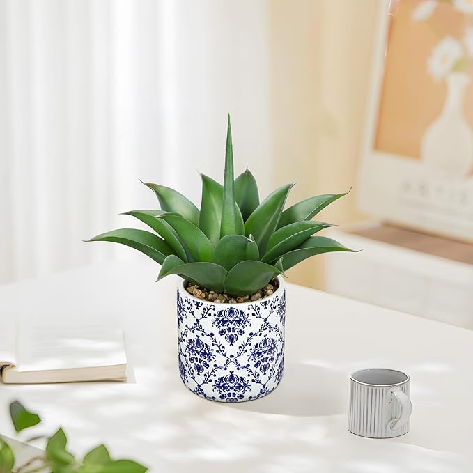 Briful Agave Plants Artificial Succulents Fake Plant in Blue Vase, 13'' Tall Realistic Faux Plant Indoor for Home Decor Farmhouse Centerpiece Table Kitchen