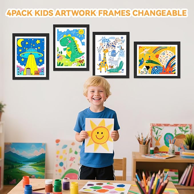 4-Pack Kids Artwork Frames 10x12.5 Front Opening Kids Art Frame for Wall Art work Picture Display Holds 50+ Pcs for Kids Drawings Changeable Frames for Kids' Artwork Storage and Display – Black