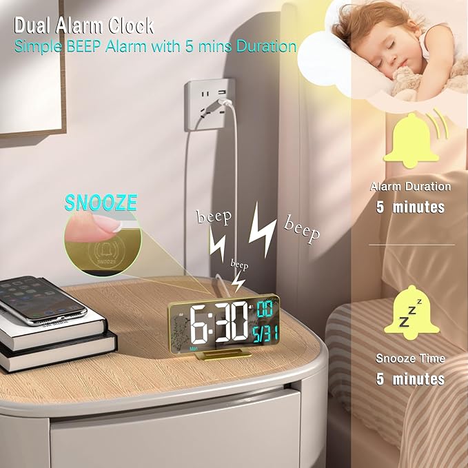 KOSUMOSU Dual Alarm Clock 6.7in Gold Desk Clock with Dimming, 12/24h, Seconds, Date, Day of Week, Temp, Digital LED Clock for Bedroom, Digital Calendar Clocks for Living Room Gold Desk Accessories