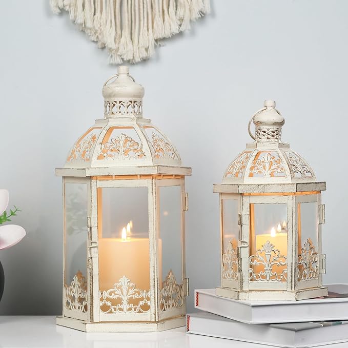 Lanterns Decorative Outdoor&Indoor, Set of 2 (15"&11") Beige Metal Lantern Decor with Glass, Candle Holder for Porch, Patio, Garden, Fall, Wedding, Christmas, Table Centerpiece