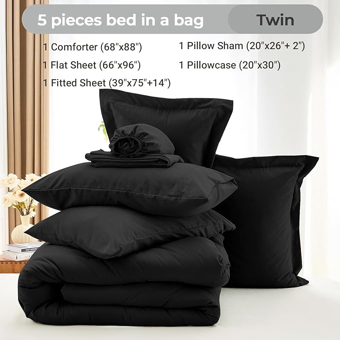 MUXHOMO 5 Pieces Twin Comforter Set, Soft Bed in a Bag Twin Size, All Season Bedding Set with Comforter, Flat Sheet, Fitted Sheet, Pillowcases & Shams, Black