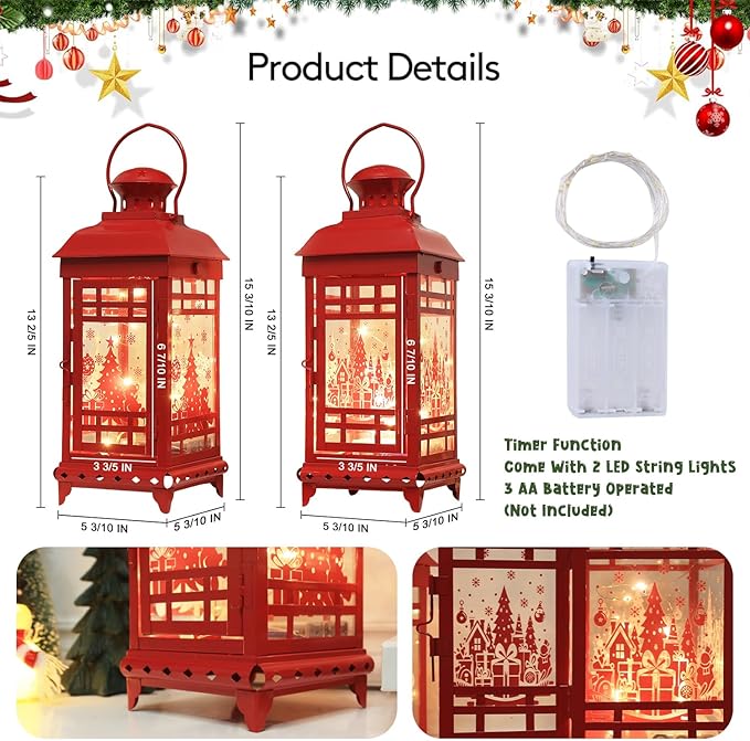 DECORKEY Christmas Decorations Outdoor&Indoor, 2PCS Red Decorative Candle Lanterns with Christmas Tree & Gift Box Patterns for Home Porch Centerpiece Table Decor Gift