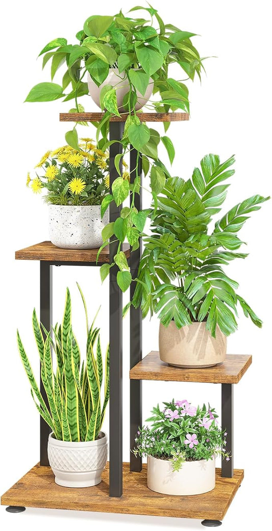 LASZOLA Black 4 Tiered Wood Plant Stand Indoor for Large Heavy Duty Planter, Sturdy Multi Level Corner Vertical Flower Rack for Narrow House, Rustic Tall Orchid Shelving Holder for Decor, Space Saving