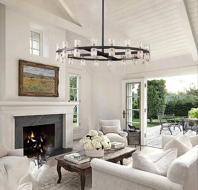 D32 Black Wagon Wheel Chandeliers Modern 32-Lights Black Round Chandelier Glass Chandeliers for Dining Room,Living Room Vintage Chandelier for Foyer Hallway
