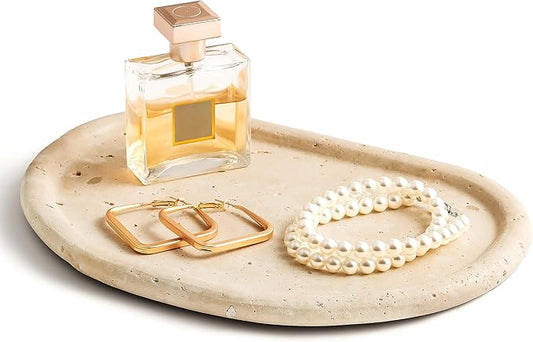Natural Travertine Tray,Marble Ring Dish for Bathroom,Special-Shaped Jewelry Tray,Dressing Table, Bedside Table,Home Decor,Beige Large (NS030)