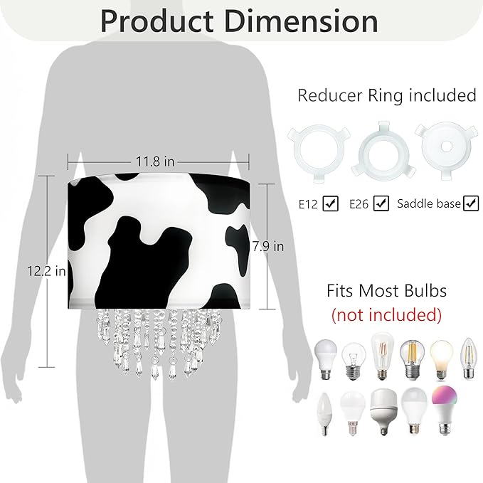 Star Vision Black & White Cow Print Drum Fabric Lampshade with Acrylic Beaded Droplets, Modern Farmhouse Light Shade for Pendant, Table, Wall & Floor Lamps, Bedroom, Living Room & Entryway Décor