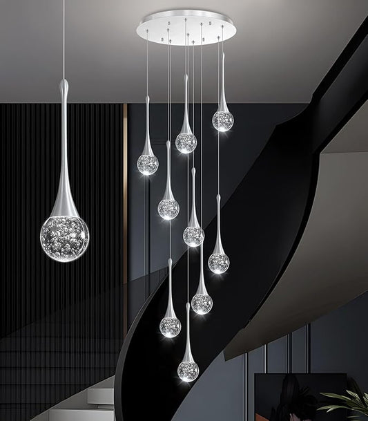 9 Light Modern Glam Crystal Chandelier for High Ceiling LED Dimmable Ceiling Pendant Light Staircase Foyer Enterway Living Room Chandelier Lighting Antique Silver