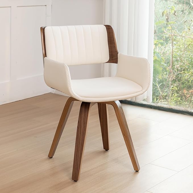 LUNLING Swivel Accent Faux Leather Dining Chairs Set of 2, Mid Century Modern Chairs with Wooden Legs/Armrest/Upholstered Seat/Adjustable Foots for Kitchen Dining Room Desk Chairs,Beige