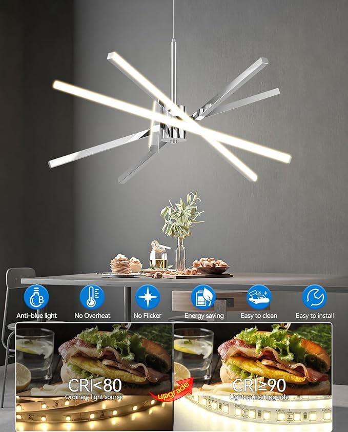 Modern Sputnik Chandelier Ceiling 82W LED Chrome Pendant Light Embedded Mount Chandeliers Dining Room Light Fixtures Over Table Dimmable with Remote Control for Living Room Kitchen Bedroom (Chrome)