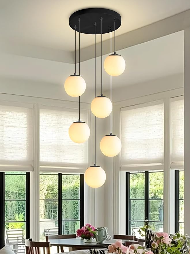 H 87in Globe Pendant Light 6-Lights Modern Hanging Chandelier for Kitchen Island Black Globe Chandelier Milk White Glass Pendant Lighting for Living Room Bedroom Entryway