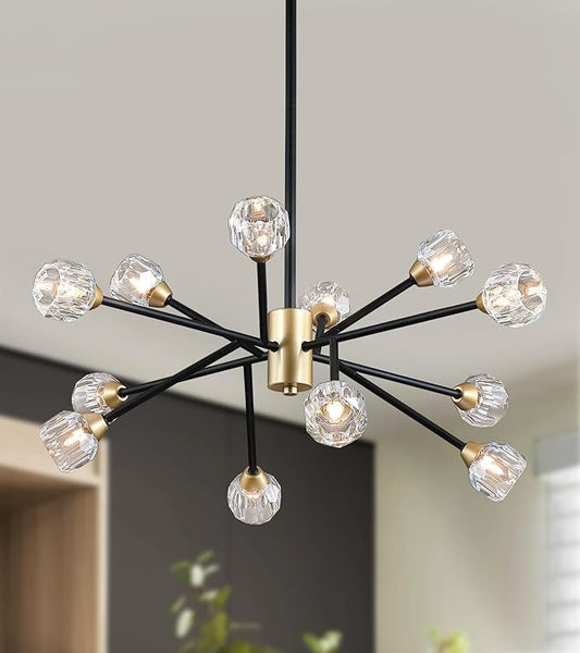 AMZASA Crystal Chandeliers, Modern Black and Gold Sputnik Pendant Lighting, 12 Lights Mid Century Ceiling Light Fixtures for Dining Room Kitchen Island Living Room Bedroom Bar,UL