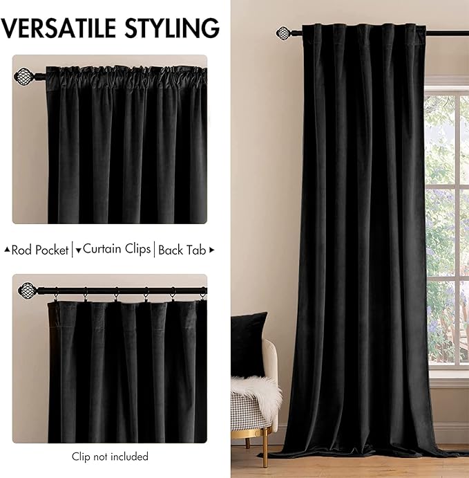 MIULEE Black Velvet Curtains 90 inches 2 Panels - Luxury Blackout Curtains for Bedroom Living Room Thermal Insulated Super Soft Window Drapes Rod Pocket & Back Tab Halloween Decor, W 52 x L 90 inch