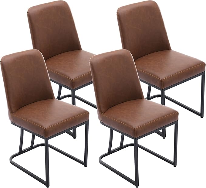 VESCASA Faux Leather Upholstered Dining Chairs with Back, Mid Century Modern Chairs with Black Metal Frame for Dining Room, Restaurant, Kitchen, Set of 4, Brown