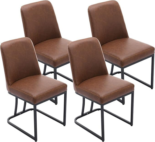 VESCASA Faux Leather Upholstered Dining Chairs with Back, Mid Century Modern Chairs with Black Metal Frame for Dining Room, Restaurant, Kitchen, Set of 4, Brown