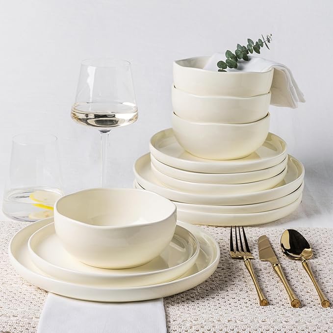 TheTerra Ceramic Dinnerware Sets for 4, 12 Pieces Porcelain Lightweight Plates and Bowls Sets, Scratch Resistant Dish Set, Oven & Microwave & Dishwasher Safe, Beige
