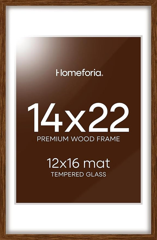 Homeforia 14x22 Picture Frame Brown, High End Dark Oak 14x22 Walnut Wooden Frames with Mat 12x16, 14 x 22 Wood Poster Frame Matted to 12 by 16, 22x14 Hanging Frames, Tempered Glass, Wall Kit, Set of 1