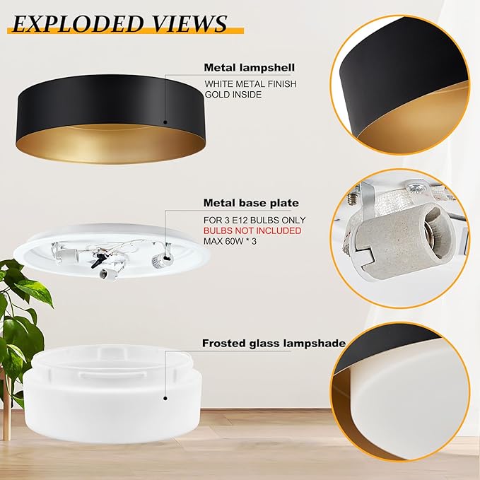 Modern Flush Mount Ceiling Lights,Minimalist 16.5IN Round Close to Ceiling Light Fixtures,Black and Gold Metal Ceiling Lighting Lamp for Living Room,Dining Room,Bedroom,Kitchen