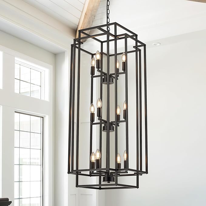 12-Light Lantern Tiered Pendant Light Fixtures, Black Metal Farmhouse Chandelier Hall Foyer Hanging Chandelier for Kitchen Island Dining Room Living Room Foyer Entryway, Black