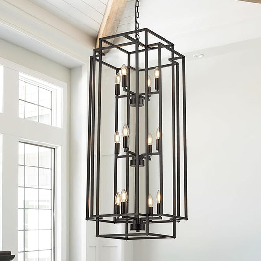 12-Light Lantern Tiered Pendant Light Fixtures, Black Metal Farmhouse Chandelier Hall Foyer Hanging Chandelier for Kitchen Island Dining Room Living Room Foyer Entryway, Black