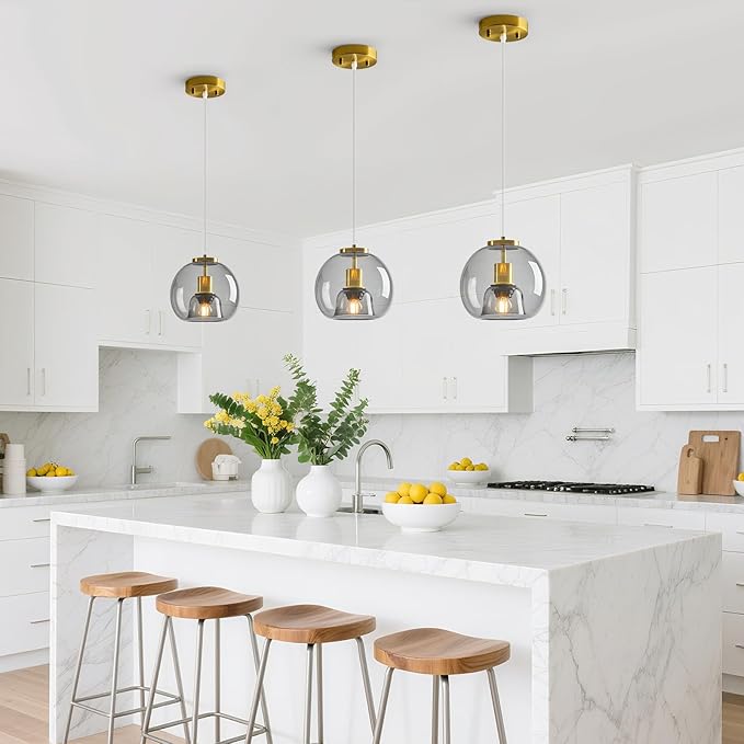 Light Grey Glass Pendant Lights Kitchen Island Gold Hanging Light Fixture Glass Globe Pendant Light Modern Pendant Lighting for Kitchen Island Bedroom Dining Room (7.87", 3 Pack)