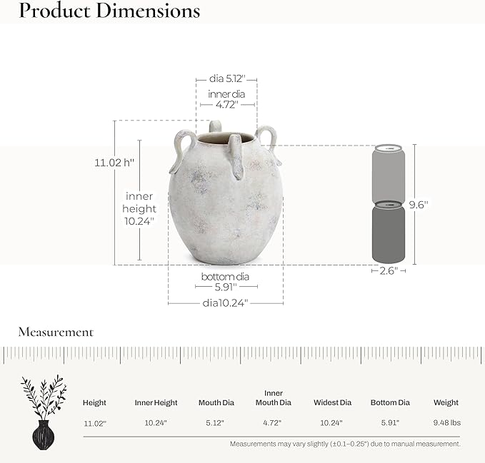 LuxenHome Vintage Ceramic Round Vase Multi Gray and White Terracotta Vaes with Handles Farmhouse Decor,Pottery Vase Living Room Decor,Large Waterpoof Vases Home Decor 11-Inch