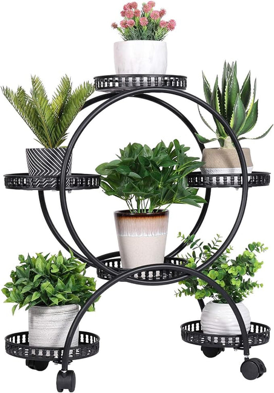 unho Metal Plant Stand 6-Potted: Flower Pot Holder with Wheels 4 Tier Display Shelf Rack for Patio Balcony Yard Garden Home Decor, Black