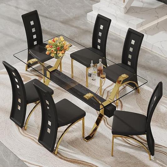 71'' Modern Dining Table Set for 6,7 Piece Glass Dining Table Set with Open‑Frame X‑Shaped Golden Metal Base,Gold Kitchen Table and Chairs Ideal for Dining Room&Home Office