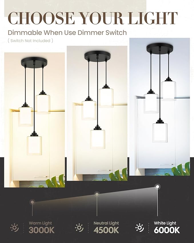 TENGXIN Modern Pendant Light, Matte Black, Dual Glass Shade, Farmhouse Style for Kitchen Island, Dining Room, Bedroom