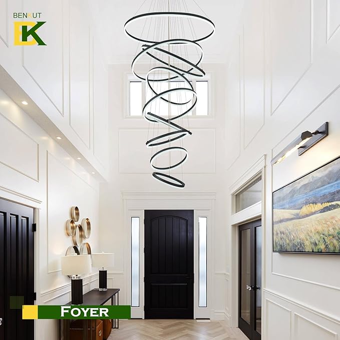 9 Rings Modern LED Chandelier Black Dimmable Large Foyer Chandeliers Entryway High Ceiling for Staircase, High Ceiling Pendant Lights for Entryway Living Room, 3000K-6500K CCT