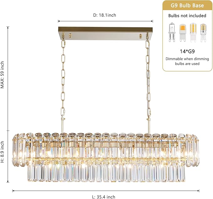 L35.4in Gold Crystal Chandeliers 14-Light Modern Chandeliers for Dining Room Rectangle Luxury Pendant Light Fixture for Kitchen Island,Entryway,Living Room