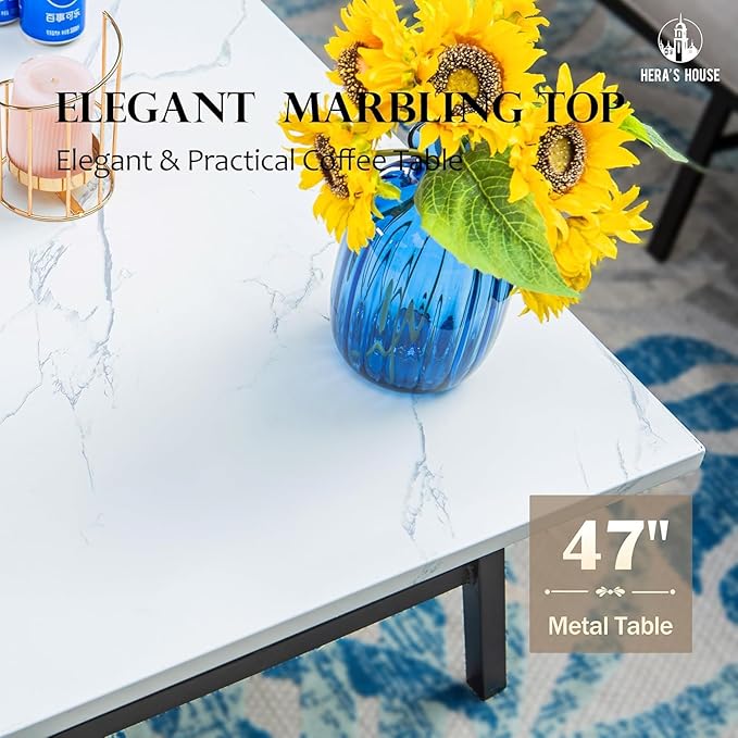 HERA'S HOUSE 6 Piece Patio Furniture Set, 4 x Fixed Metal Cushioned Chair, 1 x 3-Seat Sofa with Marbling Coffee Table, All Weather Outdoor Conversation Set for Lawn Garden Backyard, Navy Blue