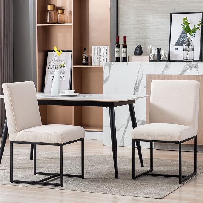 VESCASA Linen Upholstered Dining Chairs Set of 4, Mid Century Modern Padded Chair with Black Metal Frame for Restaurant, Dining Room, Kitchen, Cream
