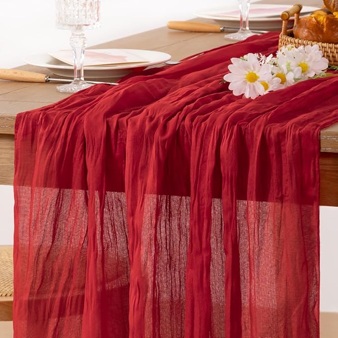 MLMC Red Table Runner 10ft Boho Rustic Gauze Fall Cheesecloth Table Runner Cheese Cloth Decor 35x120 Inches for Halloween Wedding Reception Home Winter Christmas Decor