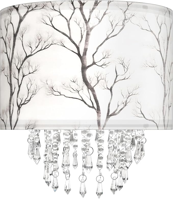 Star Vision Tree Branch Drum Fabric Lampshade with Crystal Bead Droplets, Minimalist Botanical Shade for Pendant Table Wall & Floor Lamps, Nature Home Decor